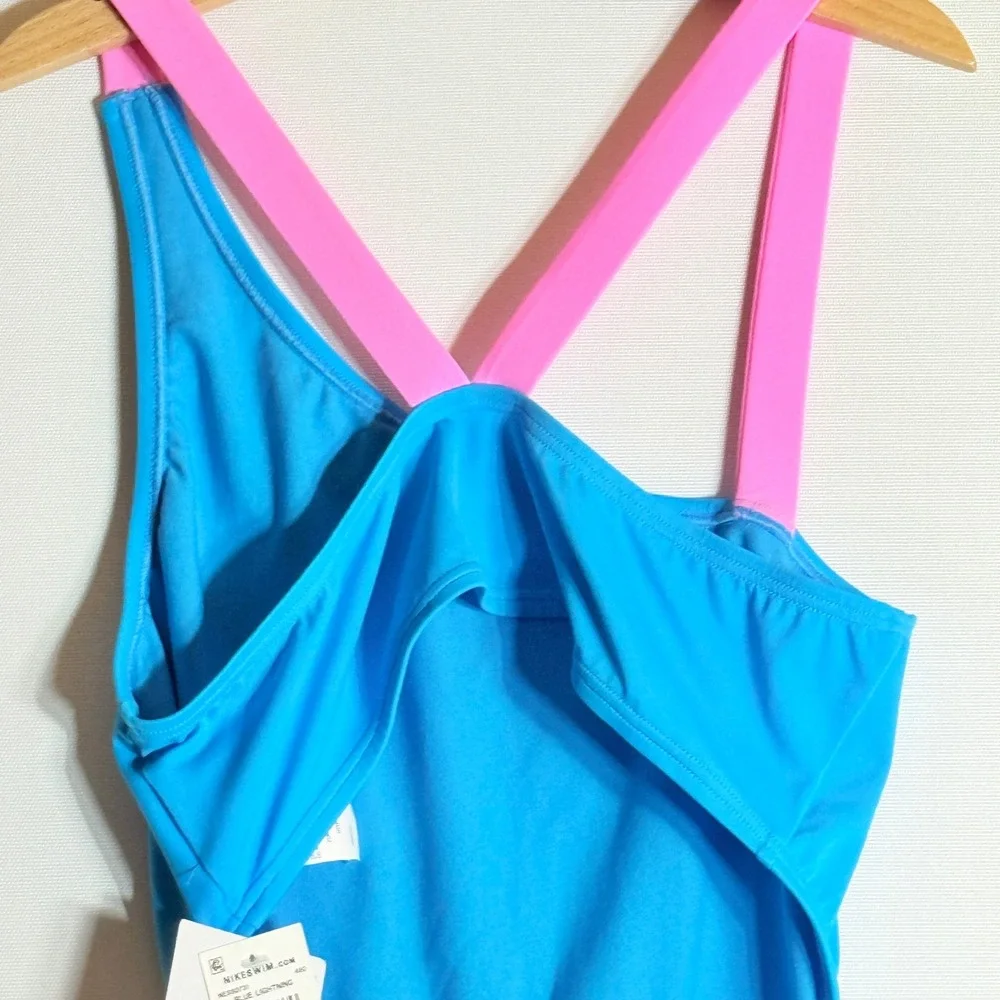 NEW Nike‎ Girls Large Swimsuit Blue Pink Strappy Open Back Athletic Sporty